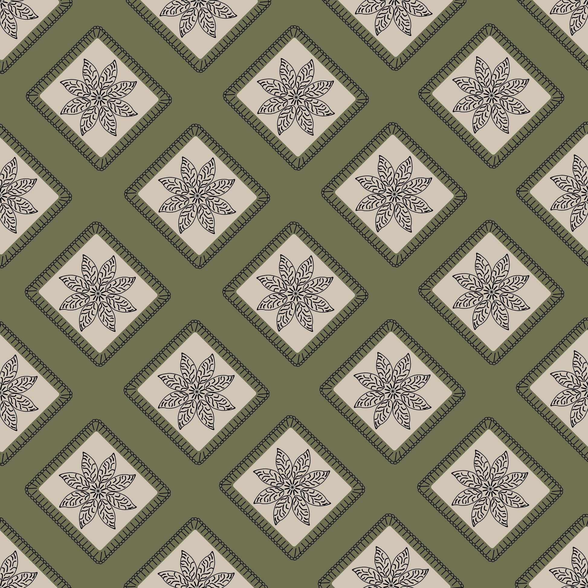 Olive Taupe Embroidery Floral Granny Squares Print