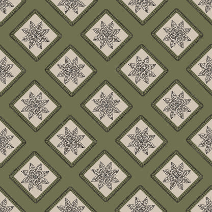 Olive Taupe Embroidery Floral Granny Squares Print