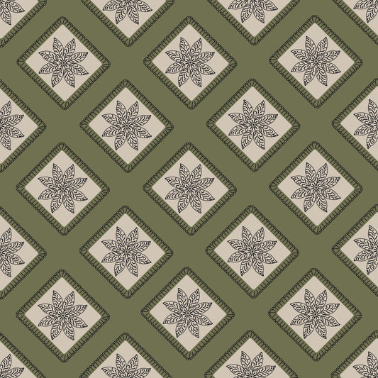 Olive Taupe Embroidery Floral Granny Squares Print