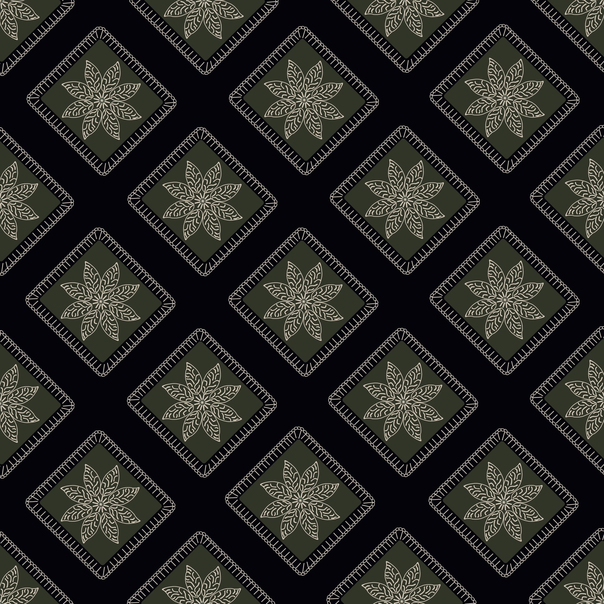 Olive Twilight  Floral Granny Squares Seamless Print