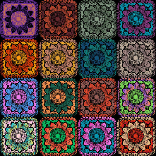 Prismatic Noir Sunflowers Floral Granny Squares Seamless Print 
