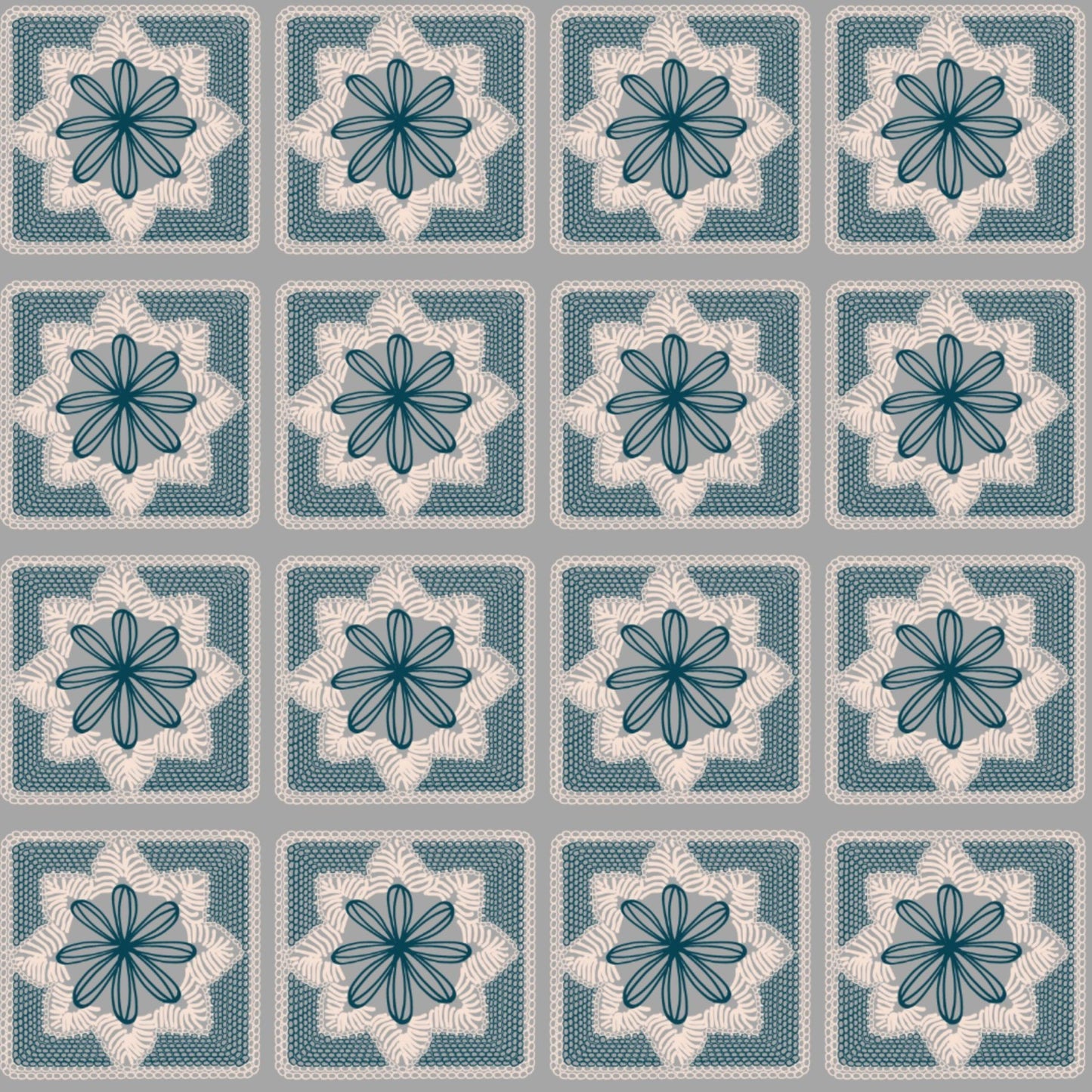 Silver Azure Floral Granny Squares Print