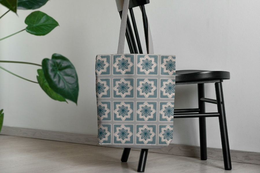 Silver Azure Floral Granny Squares Print