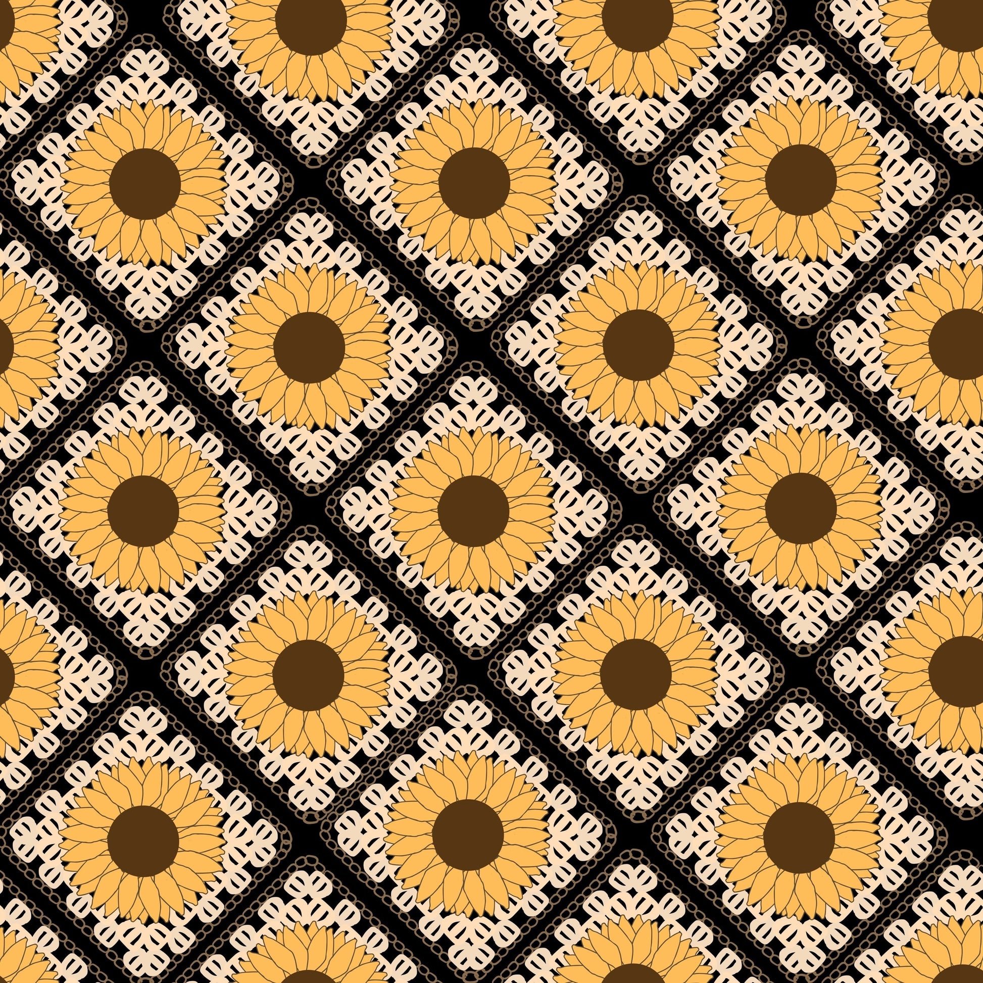 Sunflower Bloom Floral Granny Squares Seamless Print