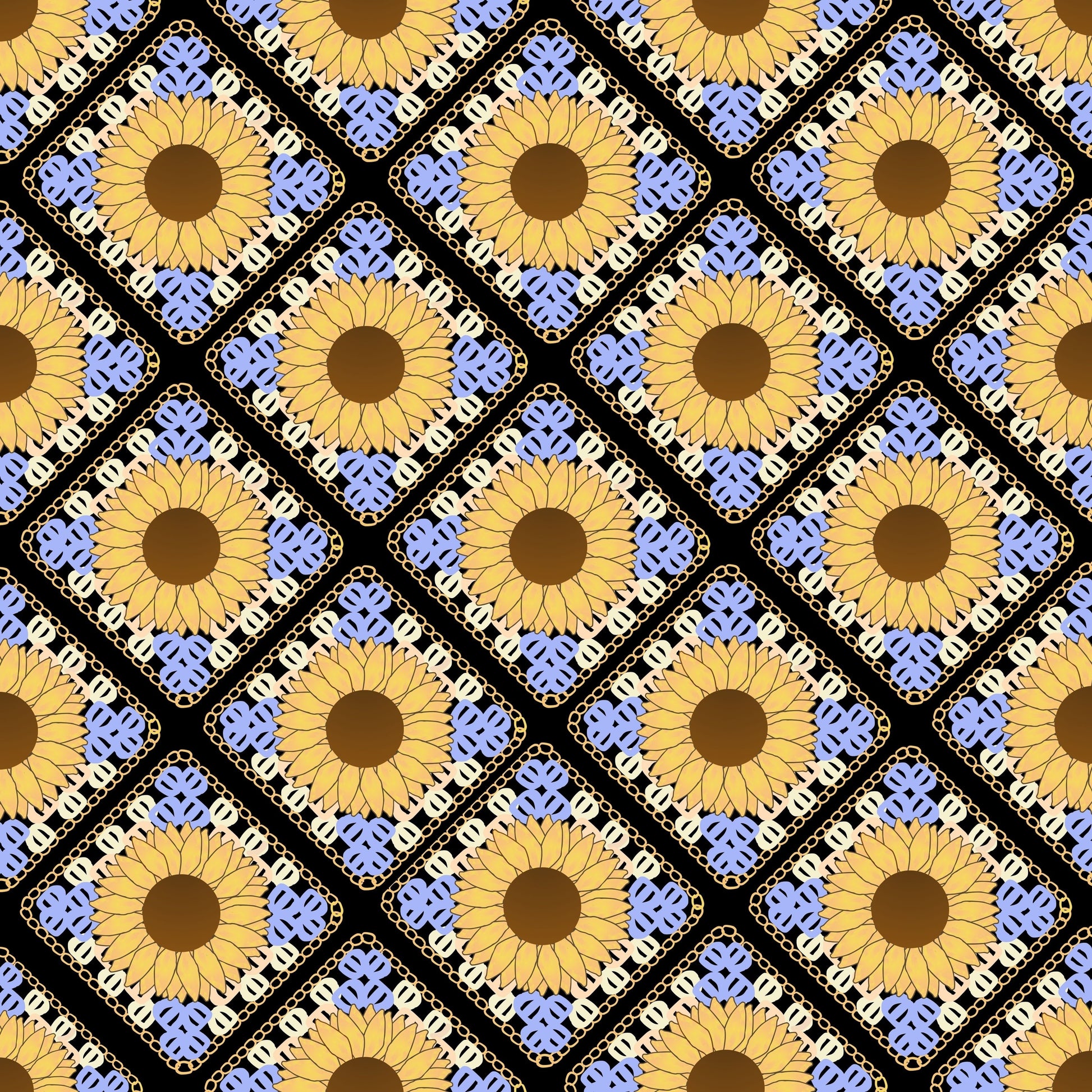 Sunflower Dreams Floral Granny Squares Seamless Print
