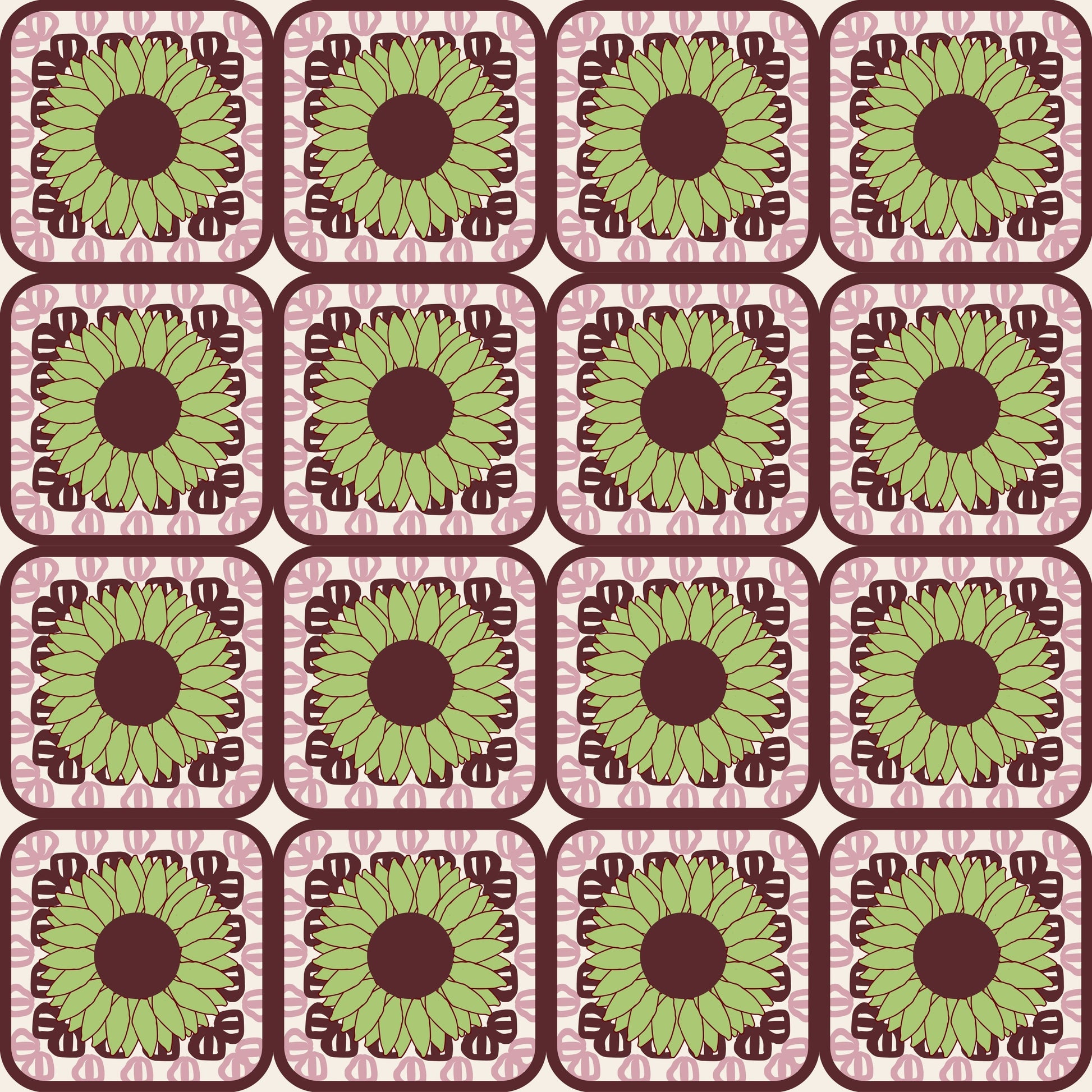 Sunflowers Cherry Olive Granny Squares Floral Print