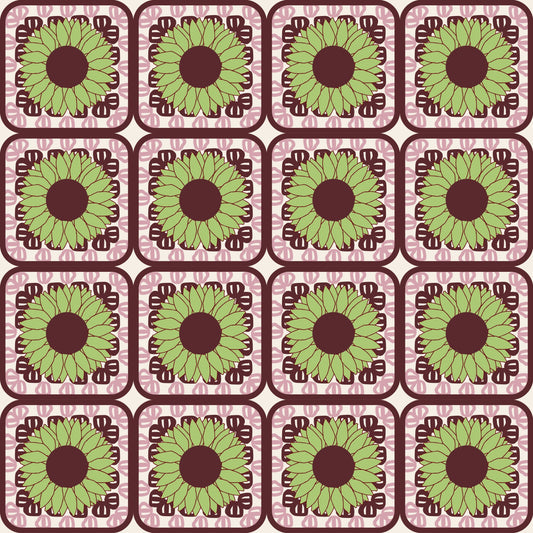 Sunflowers Cherry Olive Granny Squares Floral Print