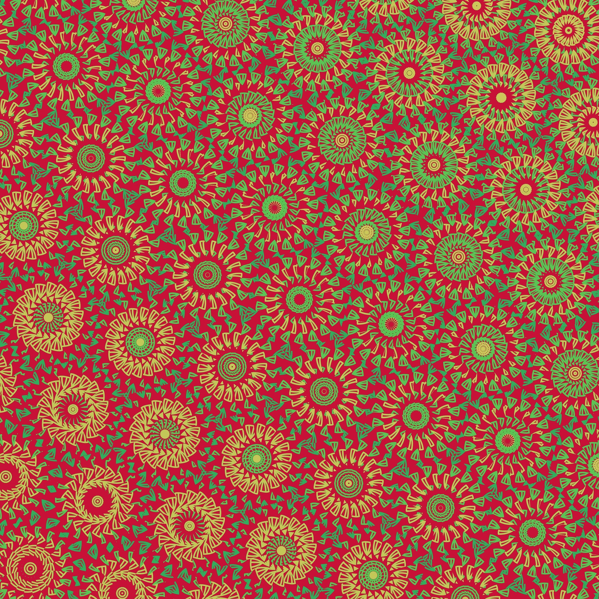 Crochet-inspired pattern with a freeform circle-saw effect design with gold and green circular shapes on a red background