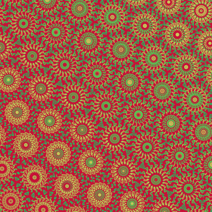 Crochet-inspired pattern with a freeform circle-saw effect design with gold and green circular shapes on a red background