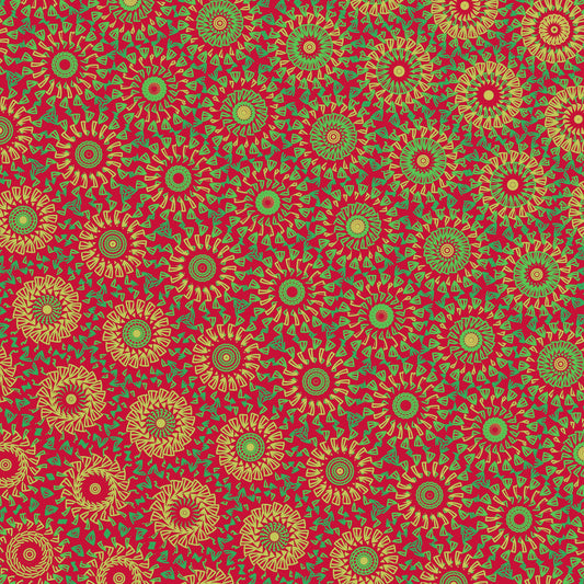 Crochet-inspired pattern with a freeform circle-saw effect design with gold and green circular shapes on a red background