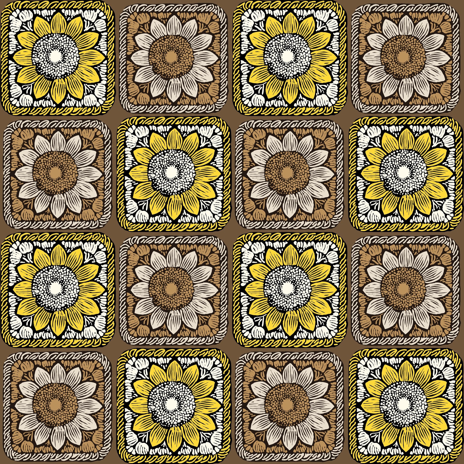 Sunlit Taupe Sunflowers Floral Granny Squares Seamless Print 
