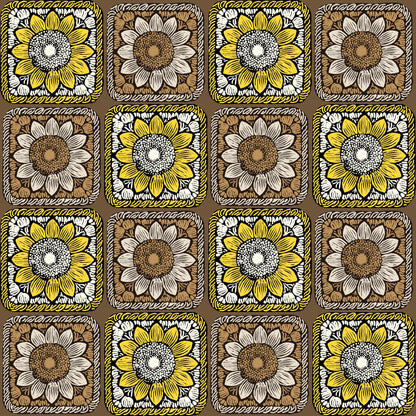 Sunlit Taupe Sunflowers Floral Granny Squares Seamless Print 
