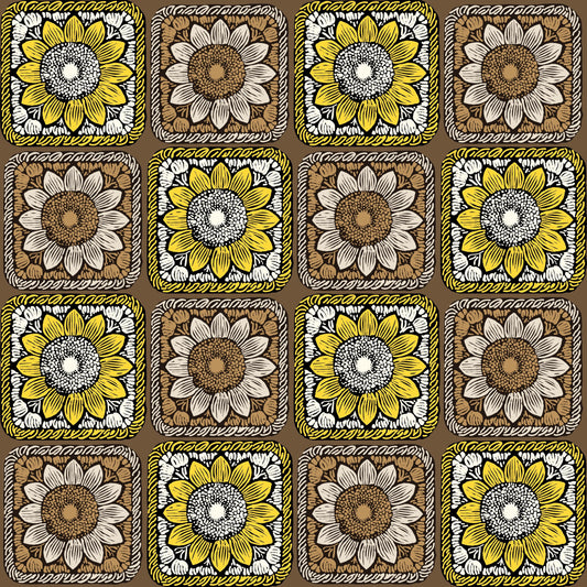 Sunlit Taupe Sunflowers Floral Granny Squares Seamless Print 
