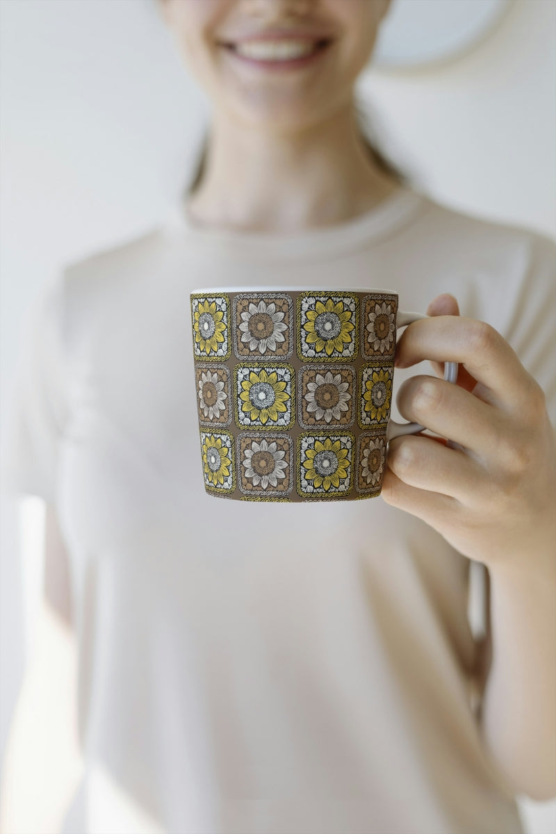 Sunlit Taupe Sunflowers Floral Granny Squares Seamless Print 

