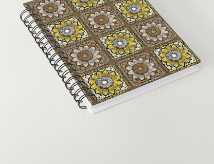 Sunlit Taupe Sunflowers Floral Granny Squares Seamless Print 
