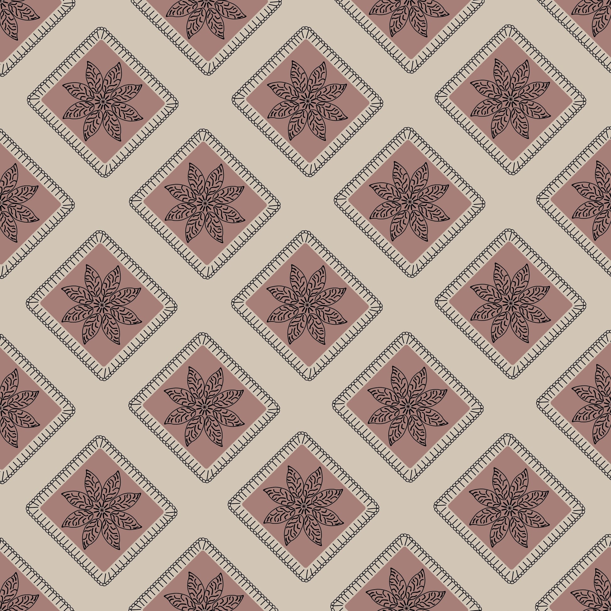 Taupe Blush Embroidery  Floral Granny Squares Print