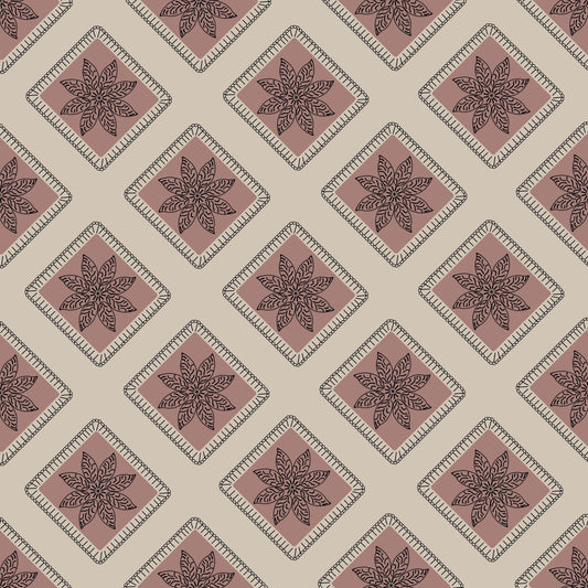 Taupe Blush Embroidery  Floral Granny Squares Print