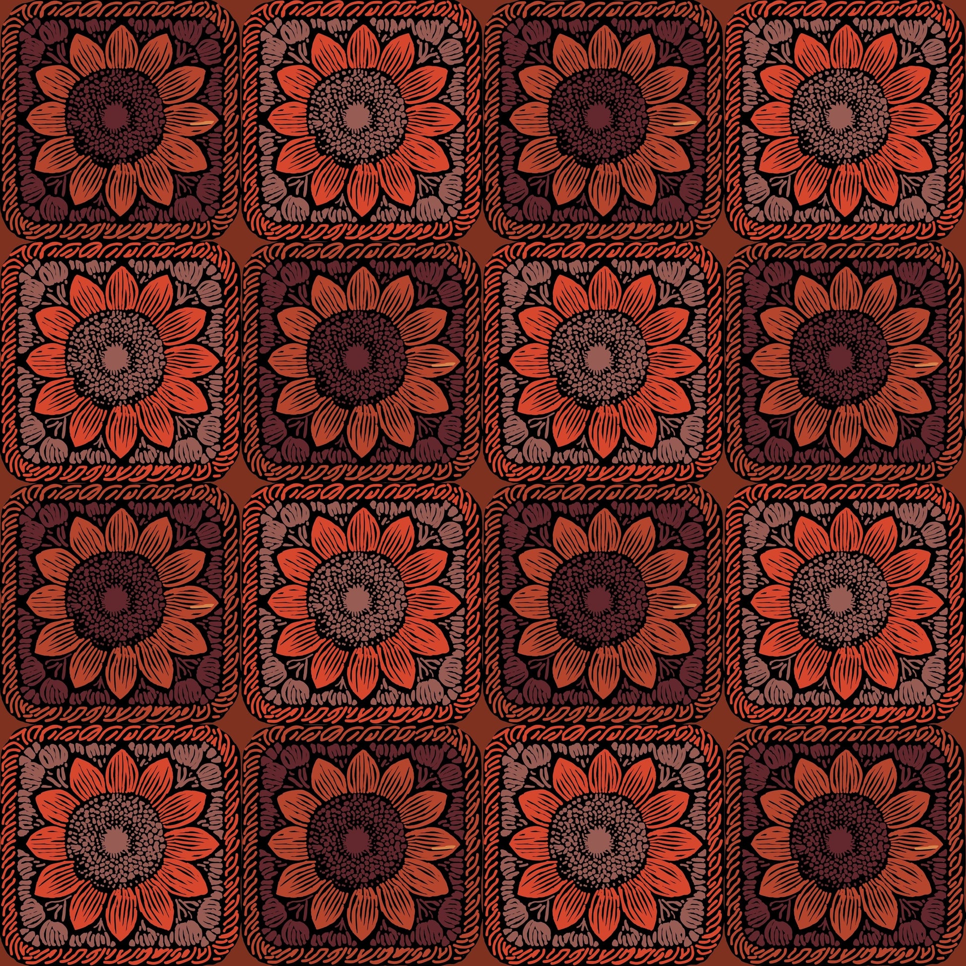Terracotta Bloom  Sunflowers Floral Granny Squares Seamless Print 
