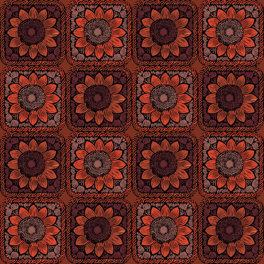 Terracotta Bloom  Sunflowers Floral Granny Squares Seamless Print 

