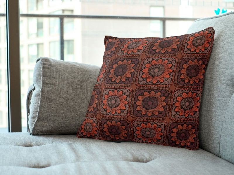 Terracotta Bloom Sunflowers Floral Granny Squares Seamless Print 
