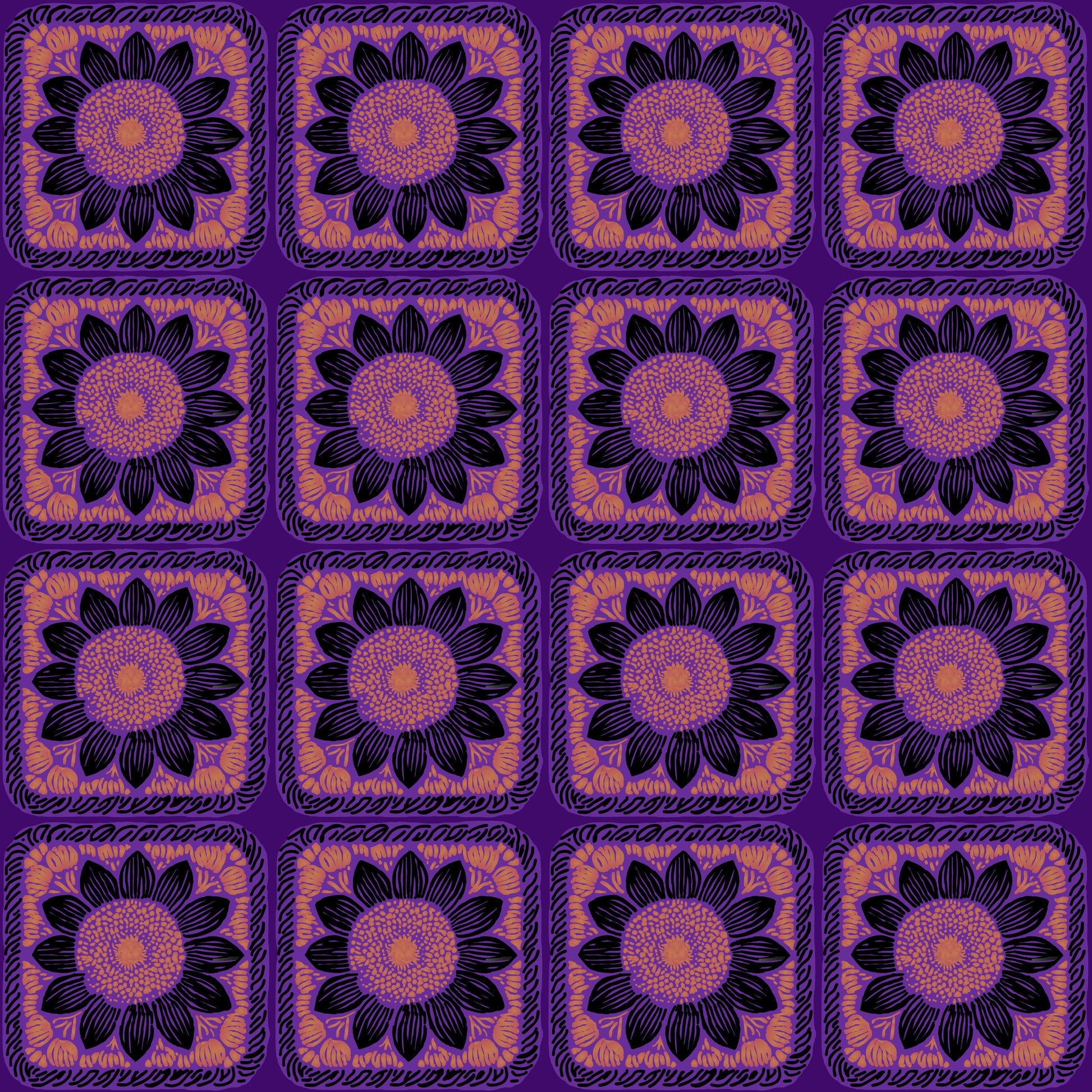 Violet  Noir Sunflower Floral Granny Squares Seamless Print 
