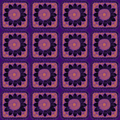 Violet  Noir Sunflower Floral Granny Squares Seamless Print 
