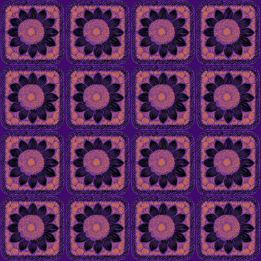 Violet  Noir Sunflower Floral Granny Squares Seamless Print 
