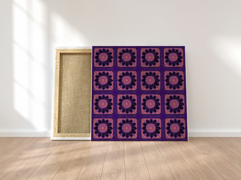 Violet  Noir Sunflower Floral Granny Squares Seamless Print 
