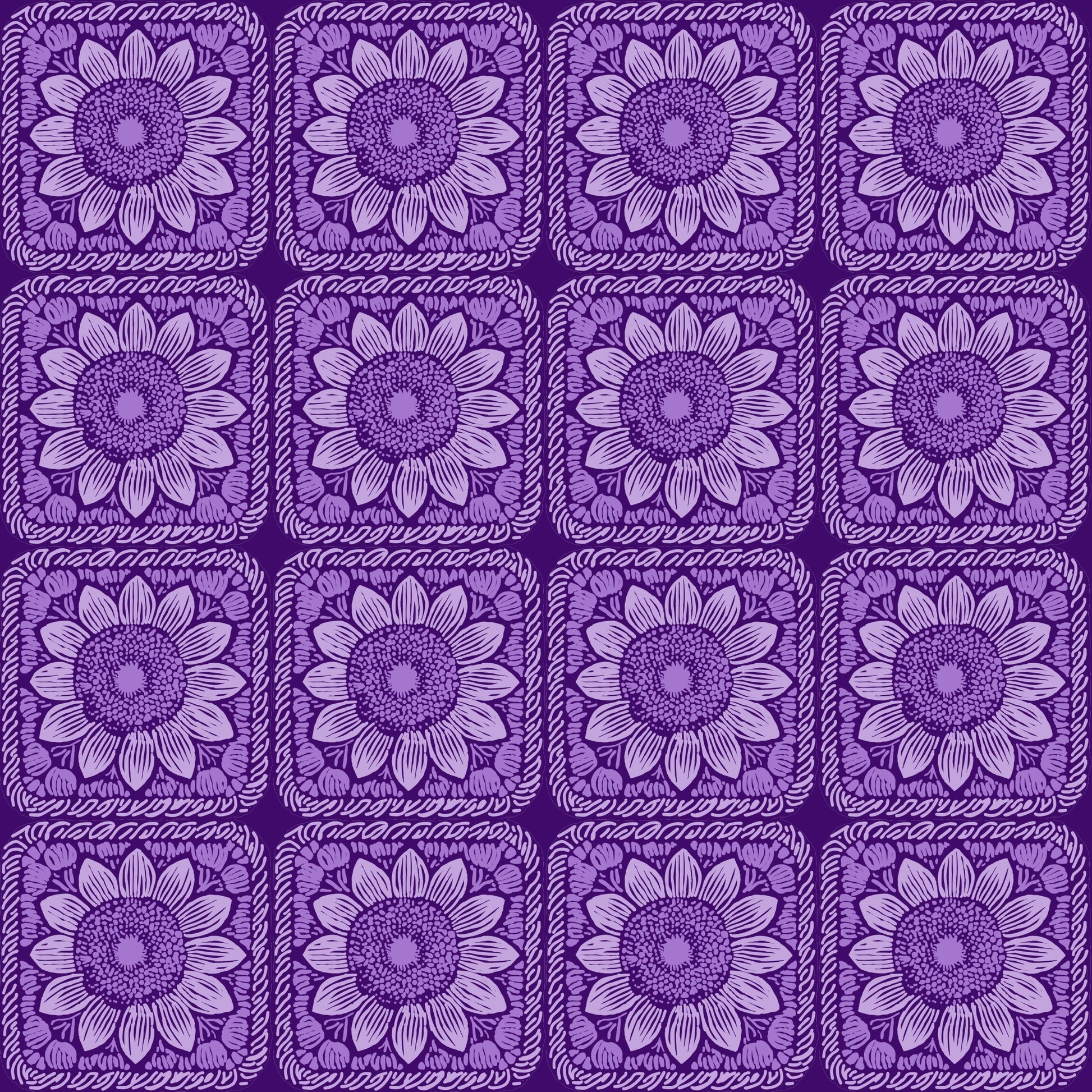 Violet Sunflower Floral Granny Squares Seamless Print 