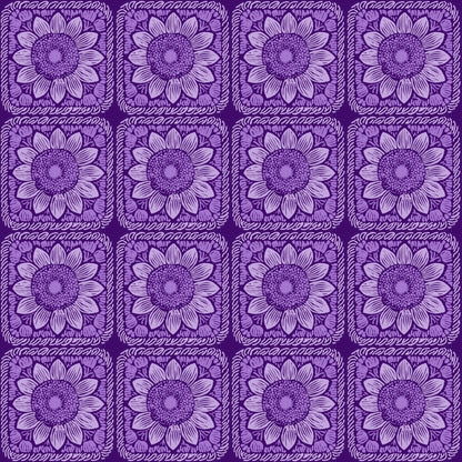 Violet Sunflower Floral Granny Squares Seamless Print 