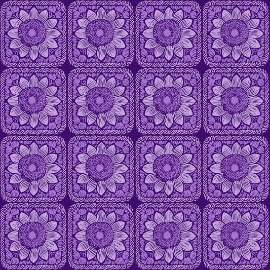 Violet Sunflower Floral Granny Squares Seamless Print 