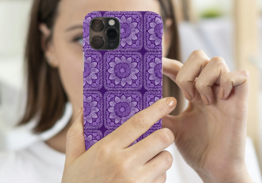 Violet Sunflower Floral Granny Squares Seamless Print 