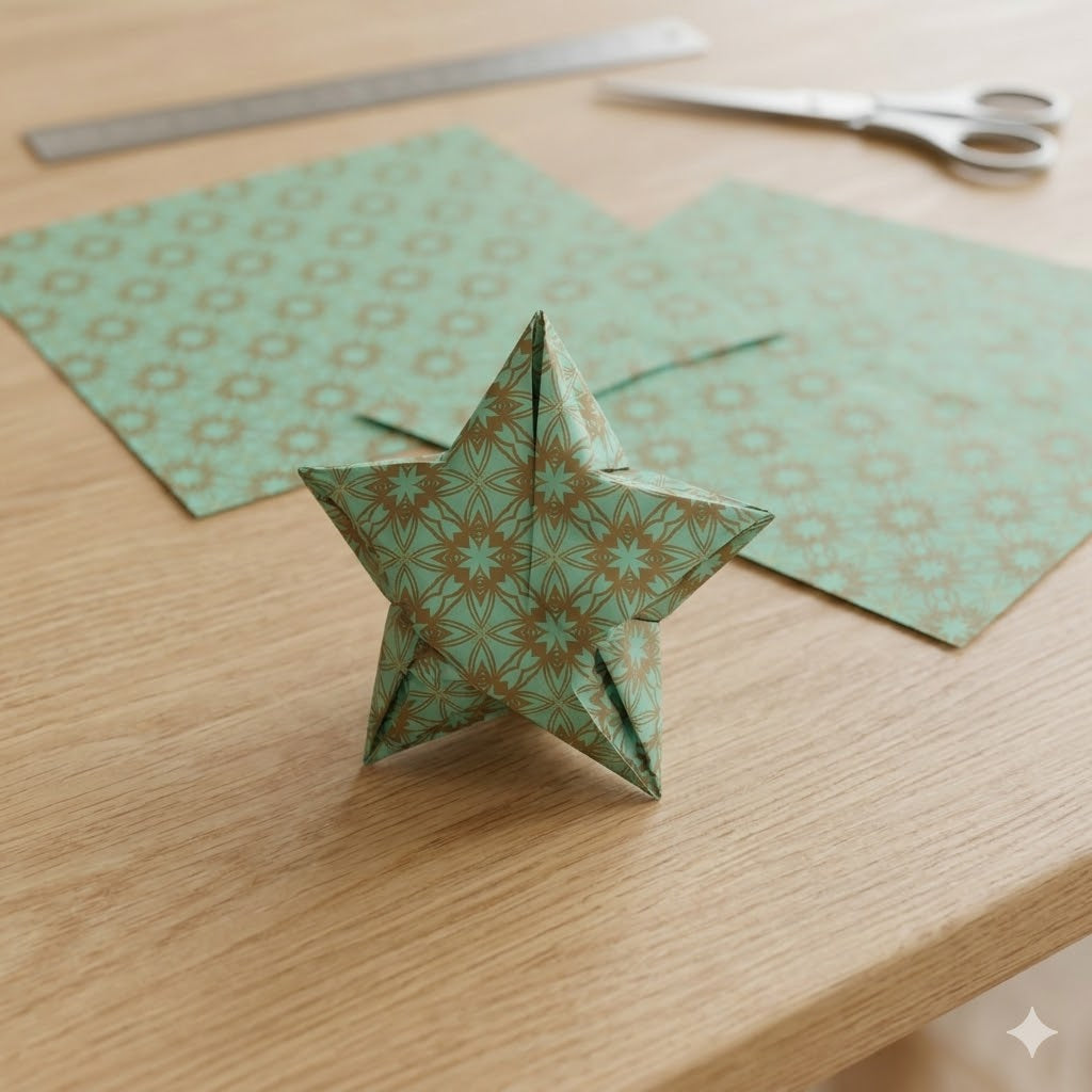 Green patterned paper star on a wooden surface with scissors in the background