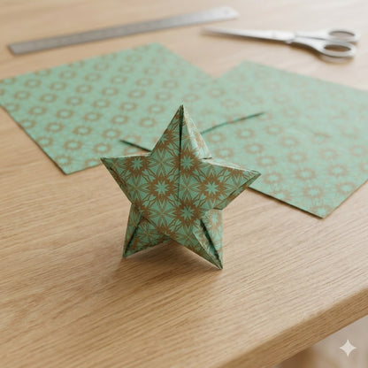 Green patterned paper star on a wooden surface with scissors in the background