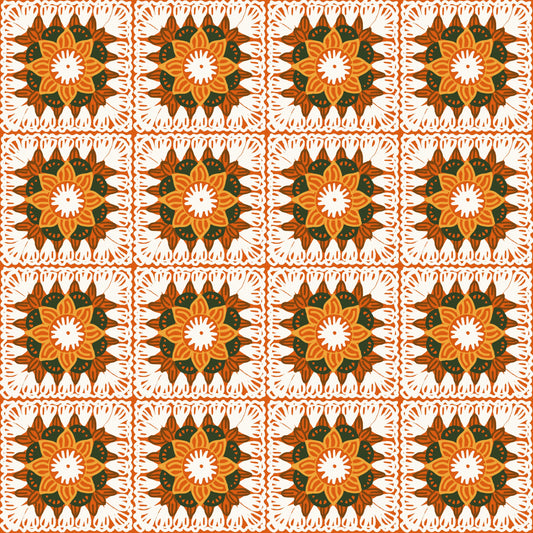 Citrus Orange Floral Granny Squares Seamless Print