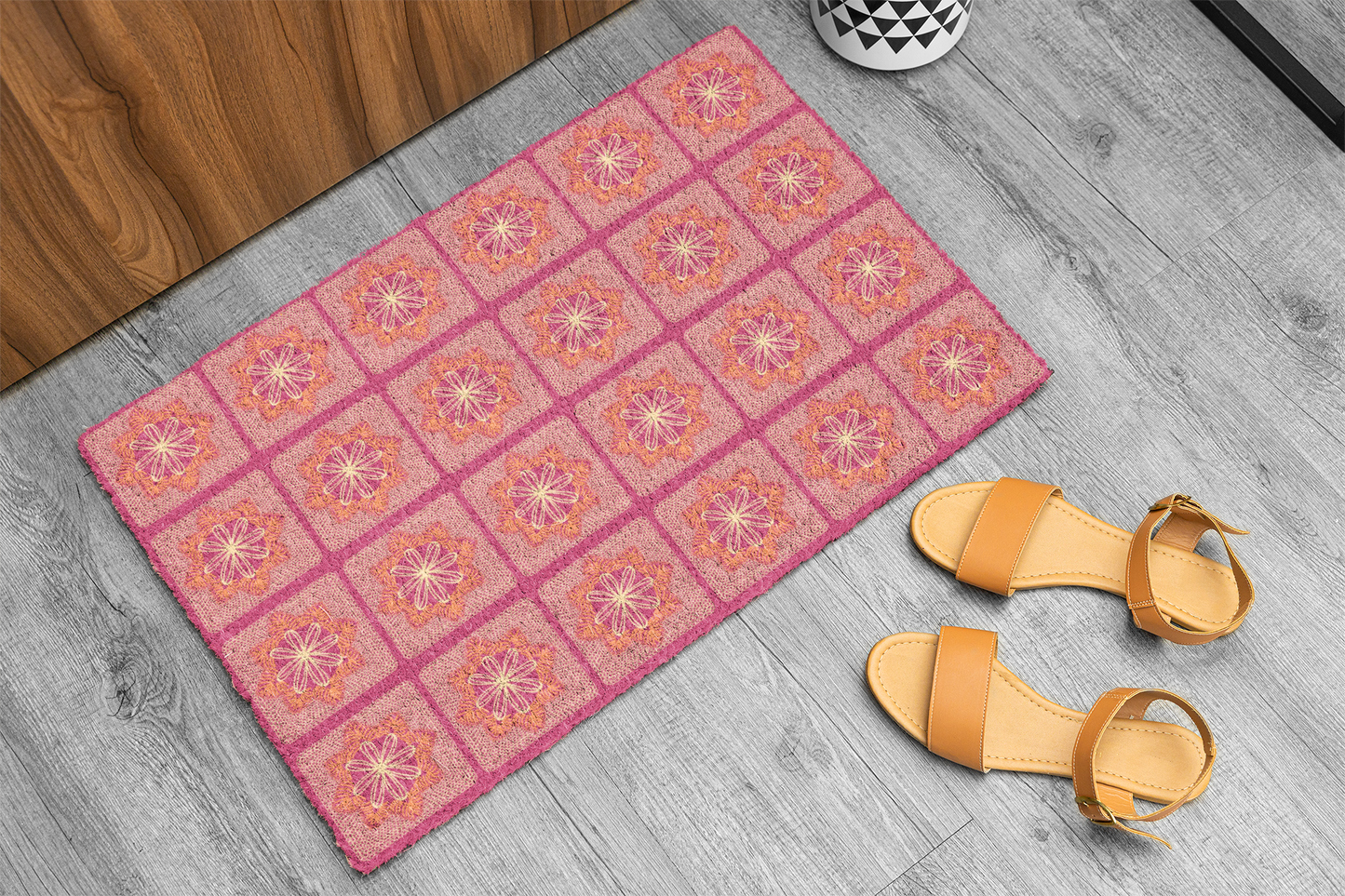 Floral Radiance Coral Granny Squares Print