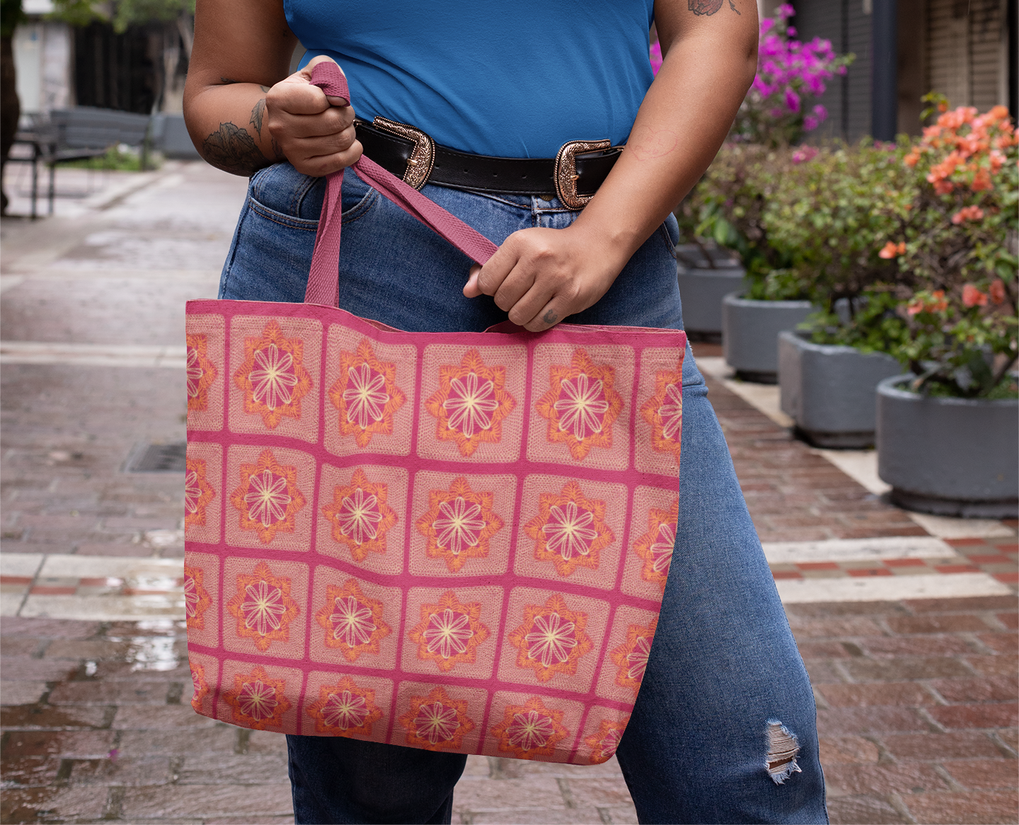 Floral Radiance Coral Granny Squares Print