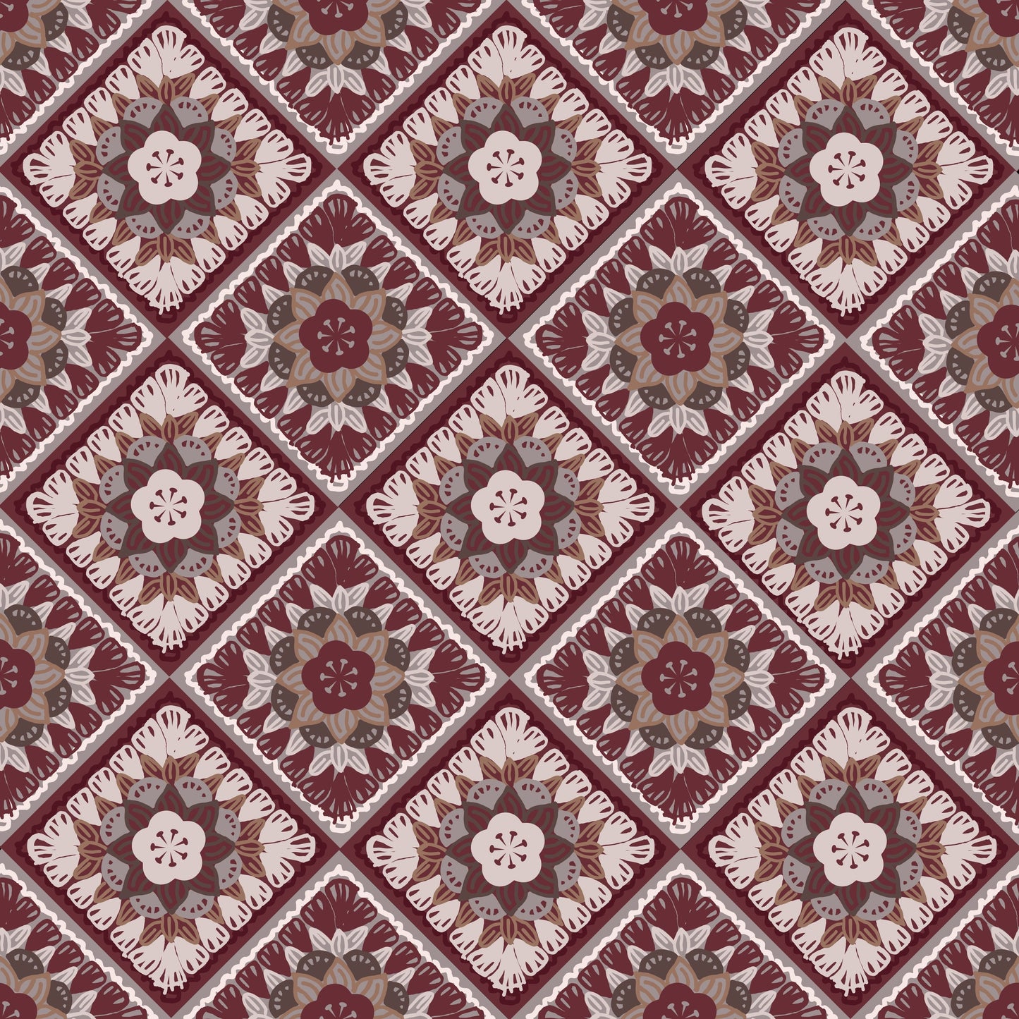 Aubergine Opulence Granny Squares Floral Seamless Print