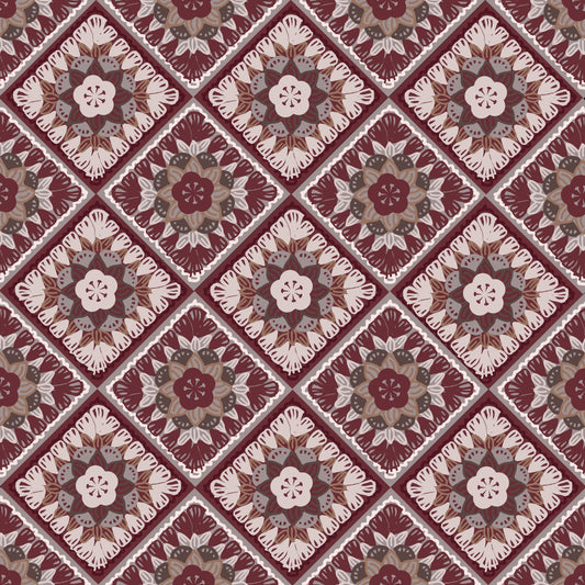 Aubergine Opulence Granny Squares Floral Seamless Print
