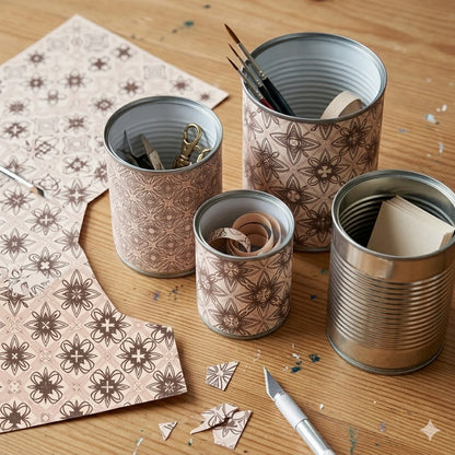 Four metal cans with decorative paper and craft supplies on a wooden surface